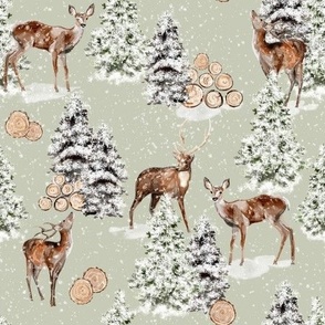 Enjoying the first snow winter landscape with magical watercolor  animals deer,  trees are covered with snow - for Nursery