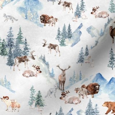 Snowy winter landscape with magical vintage houses and watercolor  animals like wolf,bison,goat,sheep,reindeer, happy people having fun and trees covered with snow - for Nursery
