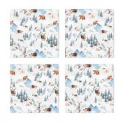 Snowy winter landscape with magical vintage houses and watercolor  animals like wolf,bison,goat,sheep,reindeer, happy people having fun and trees covered with snow - for Nursery