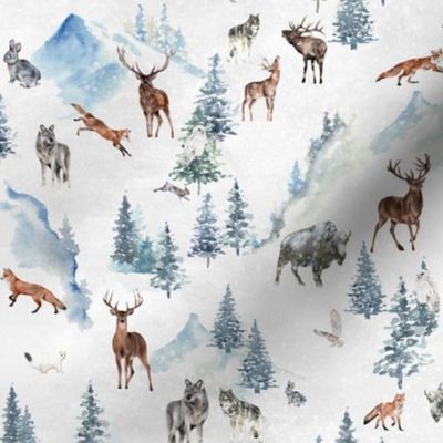 Snowy winter landscape with magical vintage houses and watercolor  animals like deer fox wolf ermine bison in snow winter wonderland