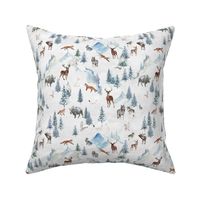 Snowy winter landscape with magical vintage houses and watercolor  animals like deer fox wolf ermine bison in snow winter wonderland