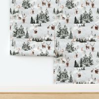 Snowy winter landscape with magical watercolor animals like deer,hare,fox,roe deer and trees covered with snow - for Nursery