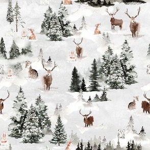 Snowy winter landscape with magical watercolor animals like deer,hare,fox,roe deer and trees covered with snow - for Nursery