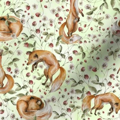 8" Little Wild Animals Foxes And Strawberries In Summer Strawberry Meadow green
