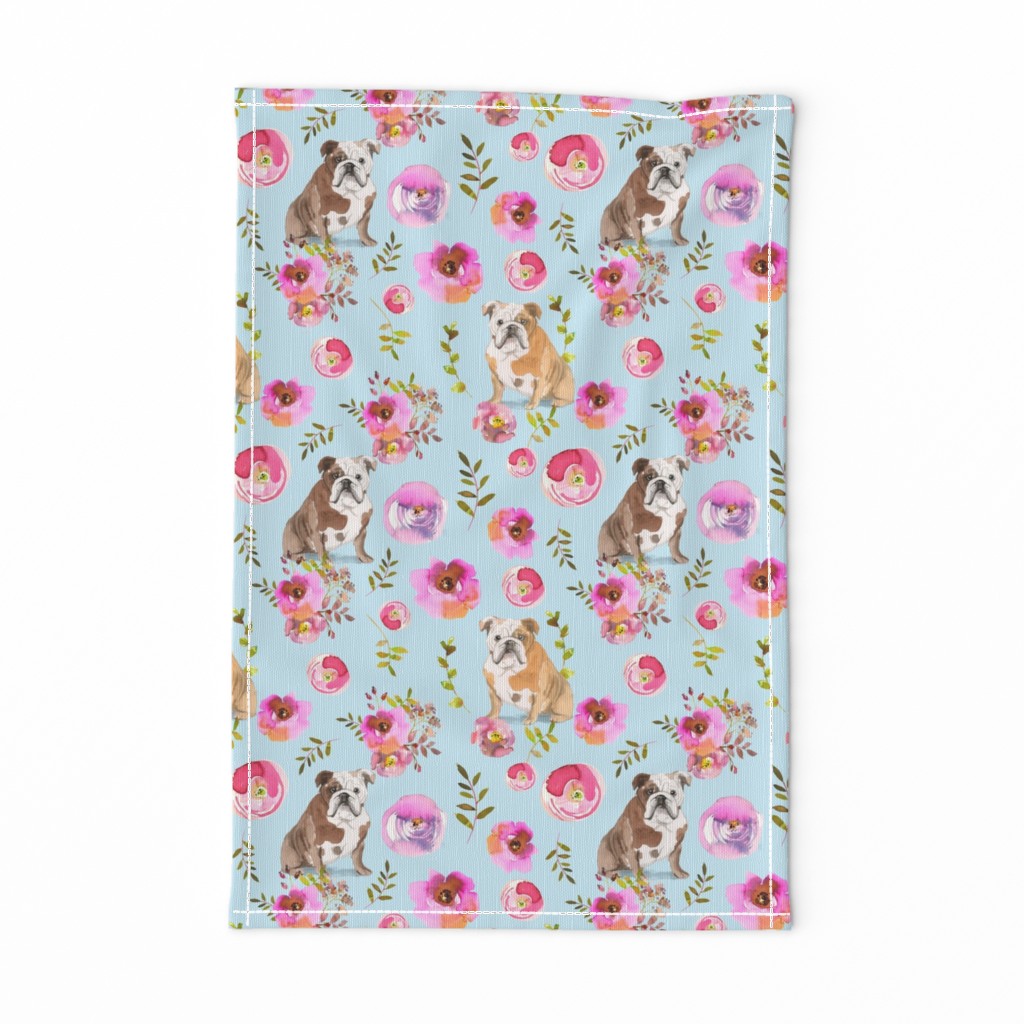 Costumer Wish- Rest In Peace - 8" bulldog dog summer flower fabric, bulldog fabric, animal fabric blue