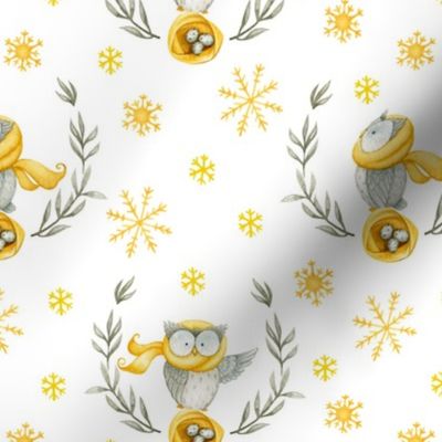  7" Little Owl Birds Wreaths In Winter Forest - white 