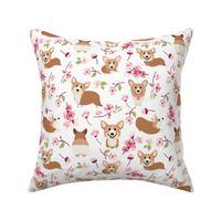 9'" Corgi in spring florals fabric, cherry blossom sakura in asia, white