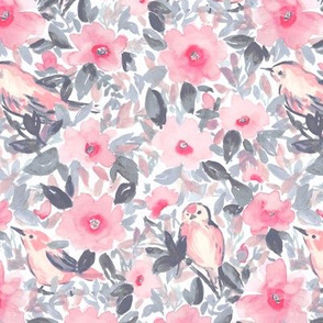 birds and flowers grey and pink