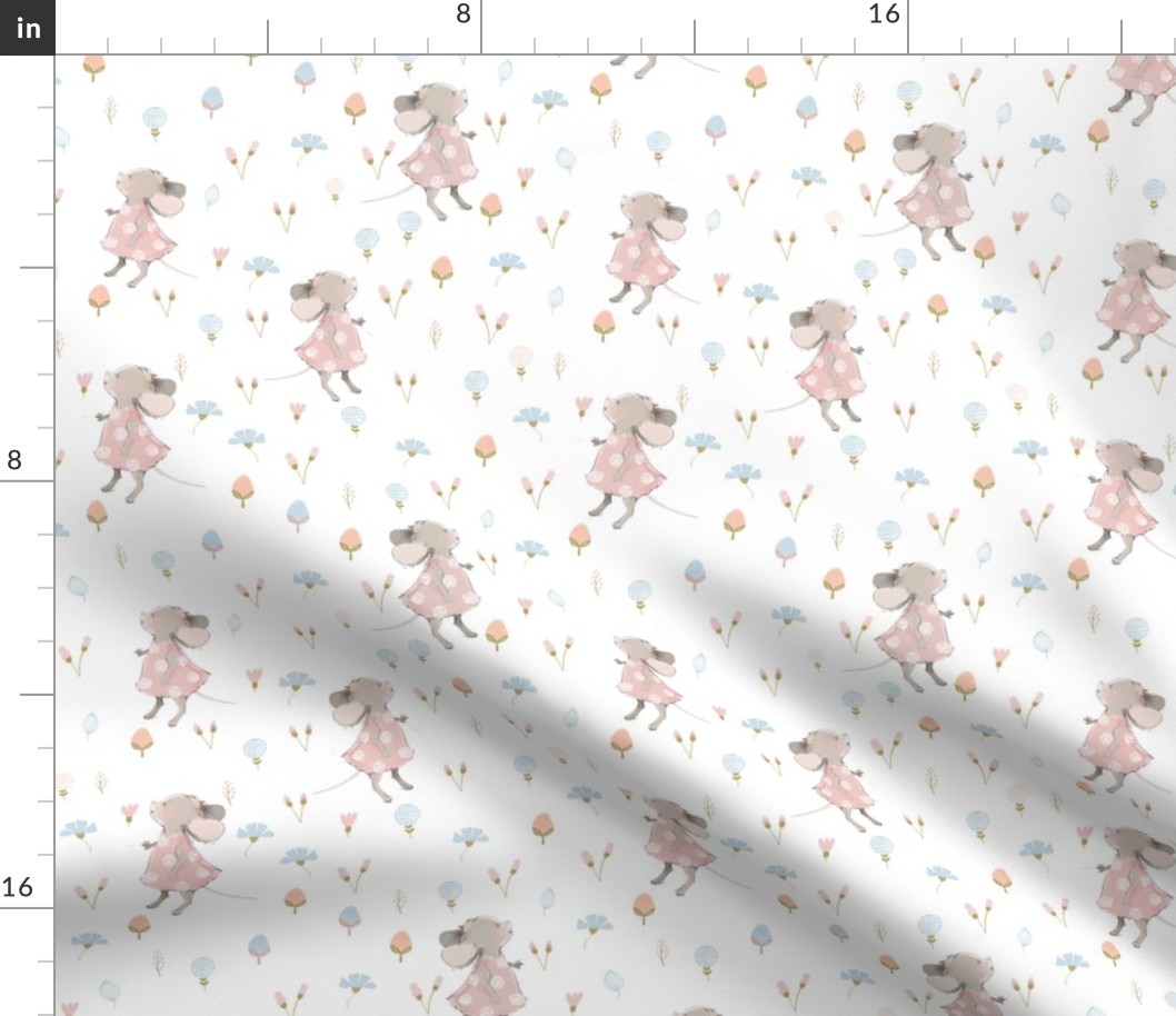 8" Cute baby mouse girl and flowers, mouse fabric, mouse nursery on flower meadow