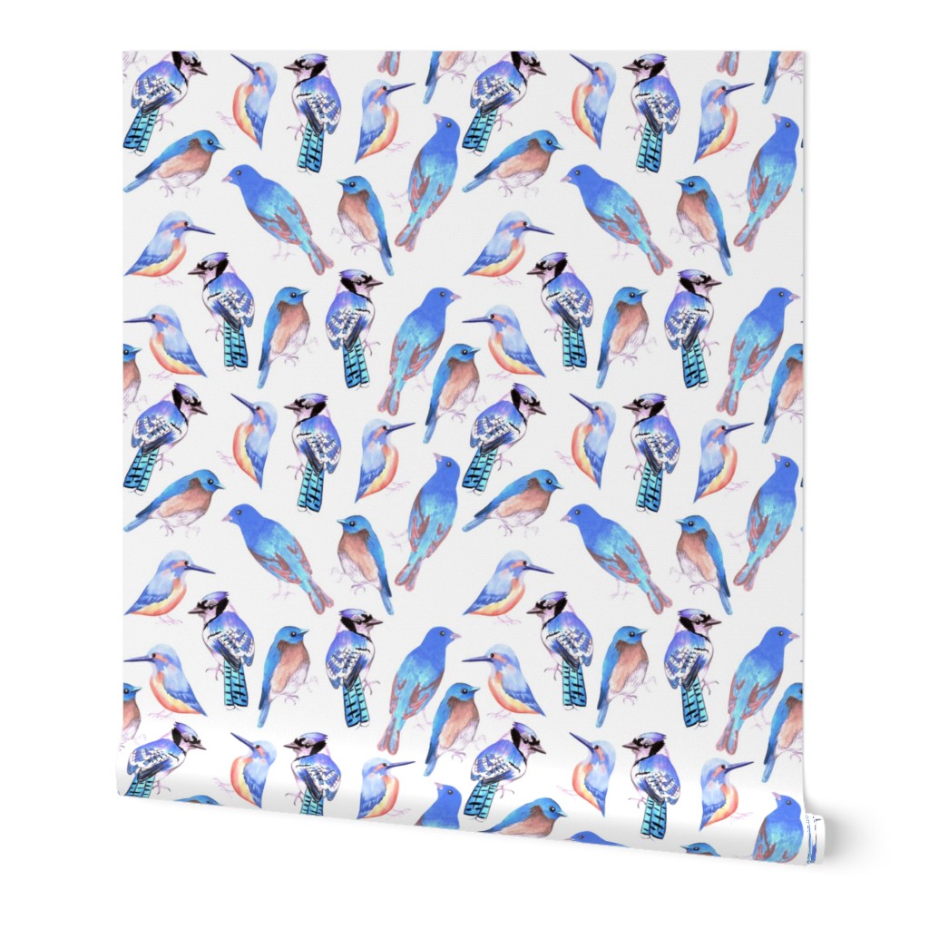 Birds in tints and shades of blue watercolor 