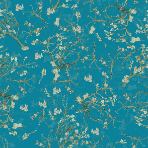 18" Van Gogh Almond  Blossoms-Tree Branches Pattern, Almond Tree Pattern- Vincent Van Gogh Fabric- Van Gogh Almond Blossoms Fabric- Watercolor Cherry Blossom  double layers, dark turquoise