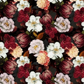 Vintage Summer Dark Night Romanticism:  Maximalism Moody Florals- Antiqued Maroon And Cream Redouté Roses Nostalgic - Gothic Mystic Night-  Antique Botany Wallpaper and Victorian Goth Mystic inspired