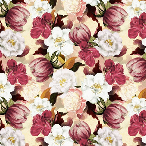 Small -  Vintage Summer Dark Night Romanticism:  Maximalism Moody Florals- Antiqued Pink And White Jan Davidsz. de Heem Roses Bouquets With Fern Leaves Nostalgic - Gothic Mystic Night-  Antique Botany Wallpaper and Victorian Goth Mystic inspired - yellow 