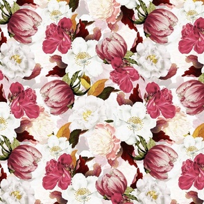 Small  Vintage Summer Dark Night Romanticism:  Maximalism Moody Florals- Antiqued Pink And White Jan Davidsz. de Heem Roses Bouquets With Fern Leaves Nostalgic - Gothic Mystic Night-  Antique Botany Wallpaper and Victorian Goth Mystic inspired - white bac
