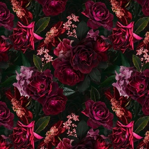 Small- Vintage Summer Romanticism: Maximalism Real Moody Florals - Antiqued burgundy Roses and Nostalgic Gothic Mystic Night 5- Antique Botany Wallpaper and Victorian Goth Mystic inspired