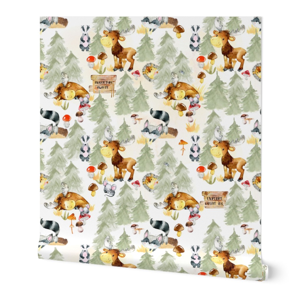 12" Woodland Watercolor Animals - Baby Animal in green Forest white background 