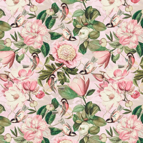 12" Vintage Spring Birds Magnolias and Peony Flowers sepia pink