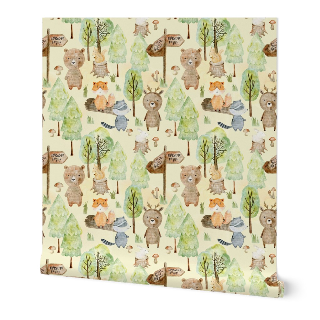9" Woodland Watercolor Animals - Baby Animal in green Forest 