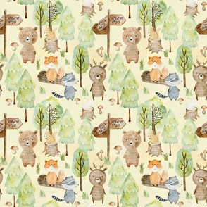 9" Woodland Watercolor Animals - Baby Animal in green Forest 