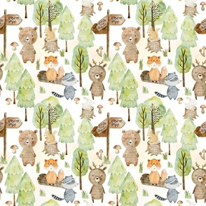 9" Woodland Watercolor Animals - Baby Animal in green Forest light background 