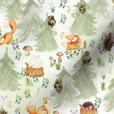 9" Woodland Watercolor Animals - Baby Animal in green Forest light background 
