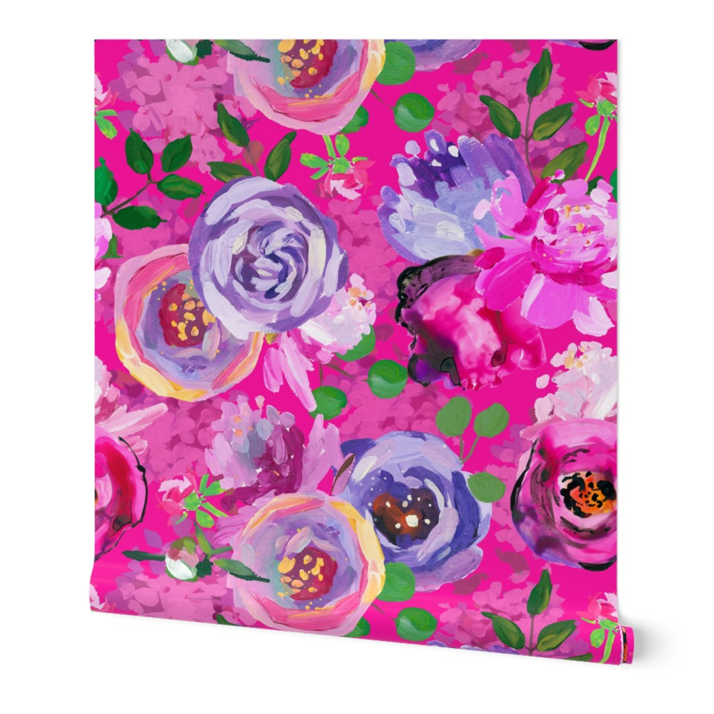 8" Hand drawn acrylic purple  thic monet spring flowers  on pink