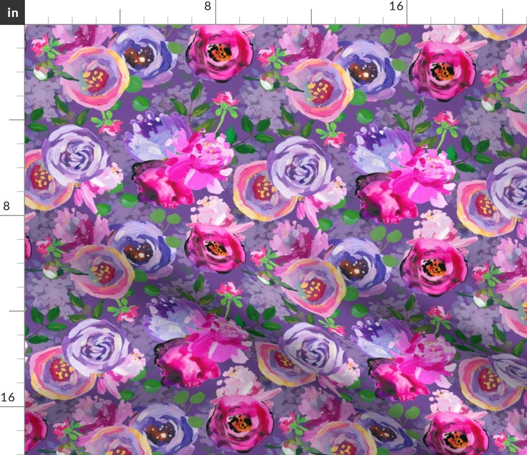 14" Hand drawn acrylic purple  thic monet spring flowers  on purple