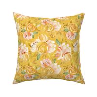 8" Hand drawn watercolor gold spring flowers  on sunny yellow