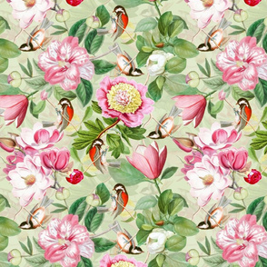 12" Vintage Spring Birds Magnolias and Peony Flowers green