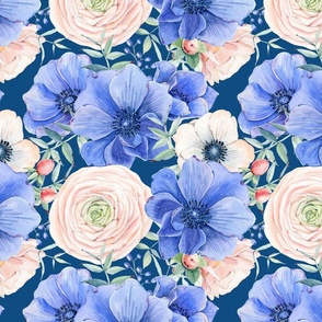 12" Hand drawn watercolor florals on classic blue - trend 2020