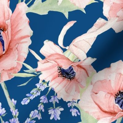 14" Hand drawn watercolor poppies and lavender on classic blue - trend 2020