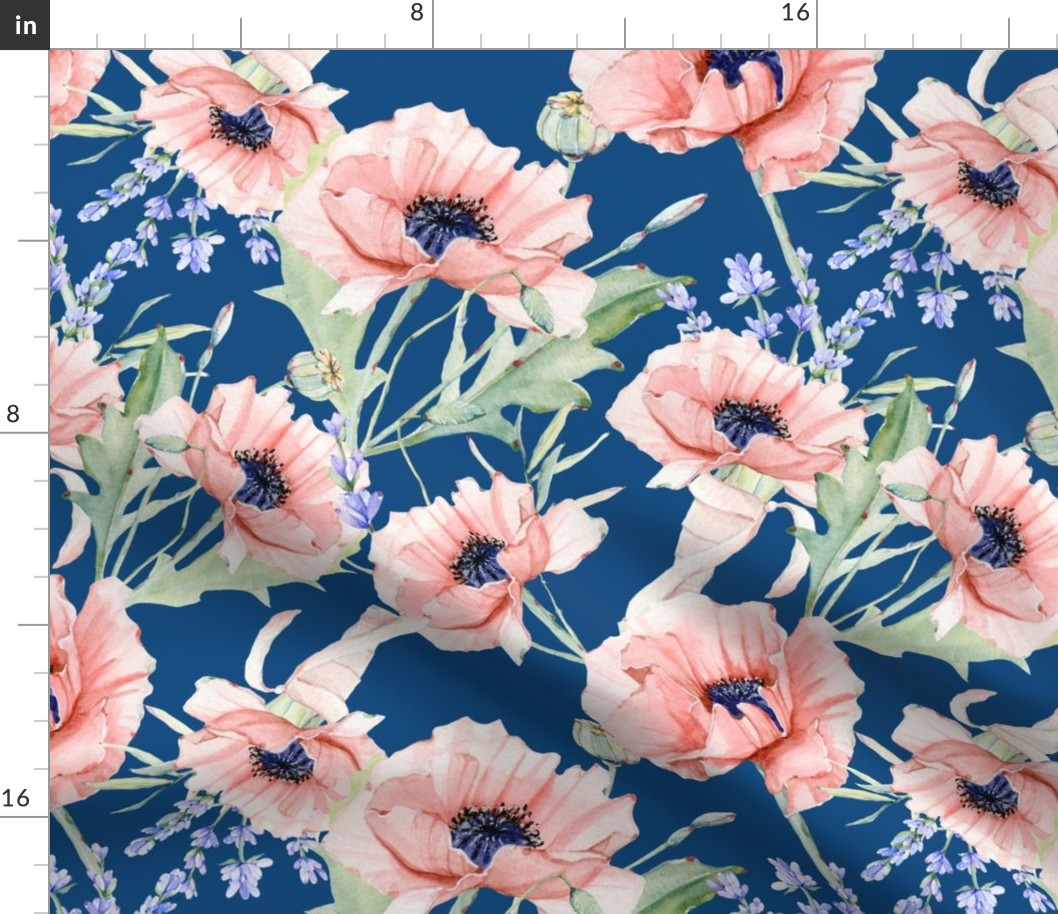 14" Hand drawn watercolor poppies and lavender on classic blue - trend 2020