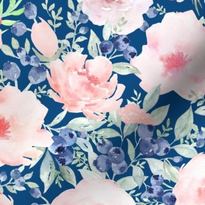 21" Hand drawn watercolor florals and blueberries on classic blue - trend 2020