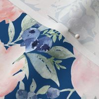 21" Hand drawn watercolor florals and blueberries on classic blue - trend 2020