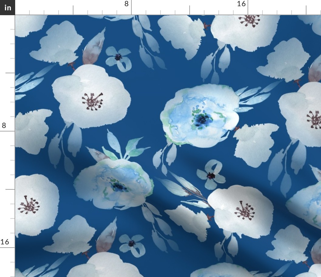 14" Hand drawn watercolor florals on classic blue - trend 2020