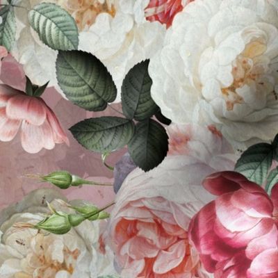 Medium Vintage Summer  Romanticism:  Maximalism Moody Florals- Antiqued Pink And White Jan Davidsz. de Heem Roses Bouquets With Fern Leaves Nostalgic - Gothic Mystic Night-  Antique Botany Wallpaper and Victorian Goth Mystic inspired - pink back