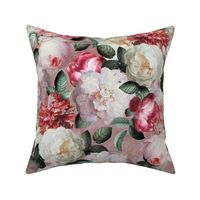 Medium Vintage Summer  Romanticism:  Maximalism Moody Florals- Antiqued Pink And White Jan Davidsz. de Heem Roses Bouquets With Fern Leaves Nostalgic - Gothic Mystic Night-  Antique Botany Wallpaper and Victorian Goth Mystic inspired - pink back