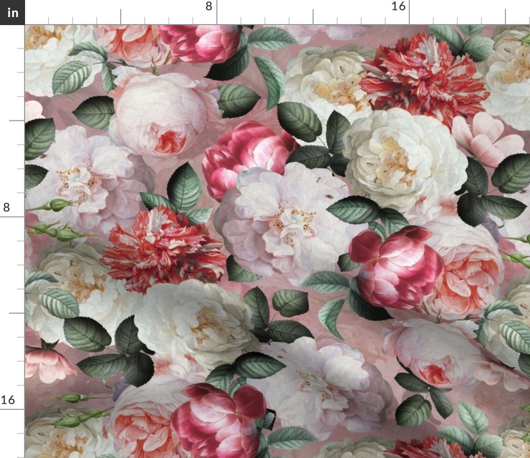 Medium Vintage Summer  Romanticism:  Maximalism Moody Florals- Antiqued Pink And White Jan Davidsz. de Heem Roses Bouquets With Fern Leaves Nostalgic - Gothic Mystic Night-  Antique Botany Wallpaper and Victorian Goth Mystic inspired - pink back