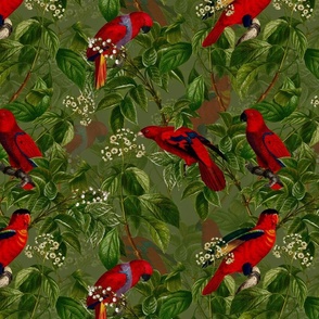 14" Vintage Red Parrots Birds Flower Jungle Green