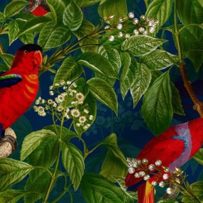 14" Vintage Red Parrots Birds Flower Jungle Blue