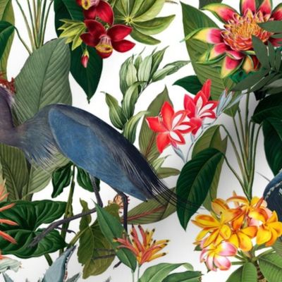 18" nostalgic  Blue Heron in tropical flower Rainforest jungle - white