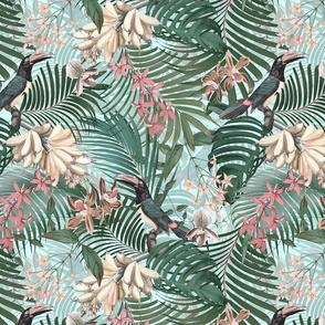 14" Tropical Night - Toucan in palm jungle with tropical flowers and bananas - teal