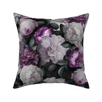 Vintage Summer Dark Night Romanticism:  Maximalism Moody Florals- Antiqued Purple And Cream Jan Davidsz. de Heem Roses Bouquets With Fern Leaves Nostalgic - Gothic Mystic Night-  Antique Botany Wallpaper and Victorian Goth Mystic inspired 