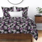 Vintage Summer Dark Night Romanticism:  Maximalism Moody Florals- Antiqued Purple And Cream Jan Davidsz. de Heem Roses Bouquets With Fern Leaves Nostalgic - Gothic Mystic Night-  Antique Botany Wallpaper and Victorian Goth Mystic inspired 