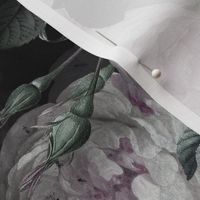 Vintage Summer Dark Night Romanticism:  Maximalism Moody Florals- Antiqued Purple And Cream Jan Davidsz. de Heem Roses Bouquets With Fern Leaves Nostalgic - Gothic Mystic Night-  Antique Botany Wallpaper and Victorian Goth Mystic inspired 