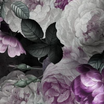 Vintage Summer Dark Night Romanticism:  Maximalism Moody Florals- Antiqued Purple And Cream Jan Davidsz. de Heem Roses Bouquets With Fern Leaves Nostalgic - Gothic Mystic Night-  Antique Botany Wallpaper and Victorian Goth Mystic inspired 