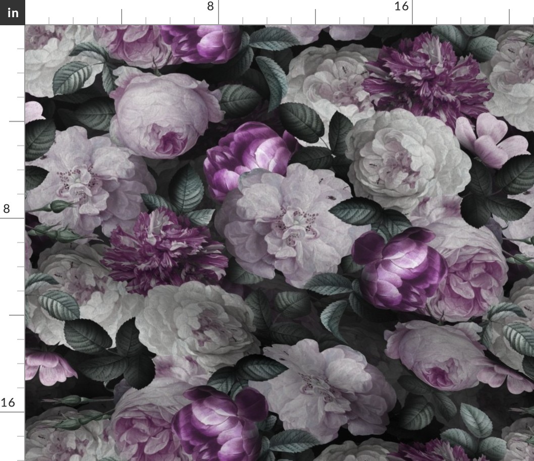 Vintage Summer Dark Night Romanticism:  Maximalism Moody Florals- Antiqued Purple And Cream Jan Davidsz. de Heem Roses Bouquets With Fern Leaves Nostalgic - Gothic Mystic Night-  Antique Botany Wallpaper and Victorian Goth Mystic inspired 