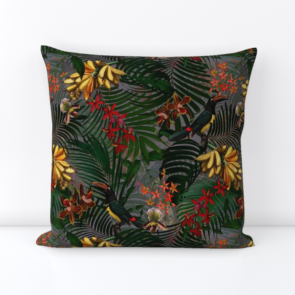 14" Tropical Night - Toucan in palm jungle with tropical flowers and bananas - dark gray