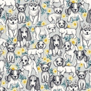 Dogs and Daisies on Grey - small print