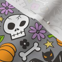 Skulls,Flowers,Pumpkins and Bats Halloween Fall Doodle on Dark Grey
